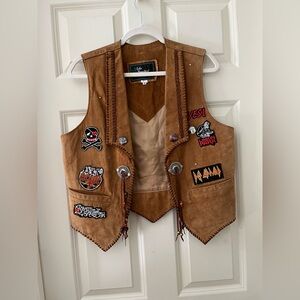 Vintage Cowboycore Echo Mountain Western Tan Brown Leather Vest w/patches M/L